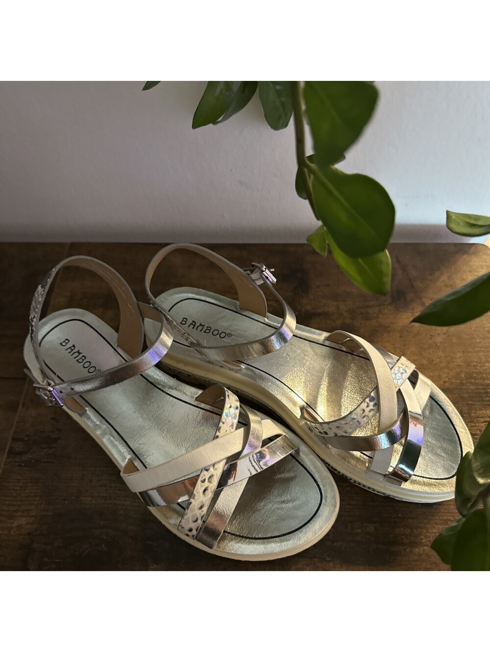 Bamboo Gold Silver Strappy Women's Sandals Adjustable Buckle US 8 EU 38